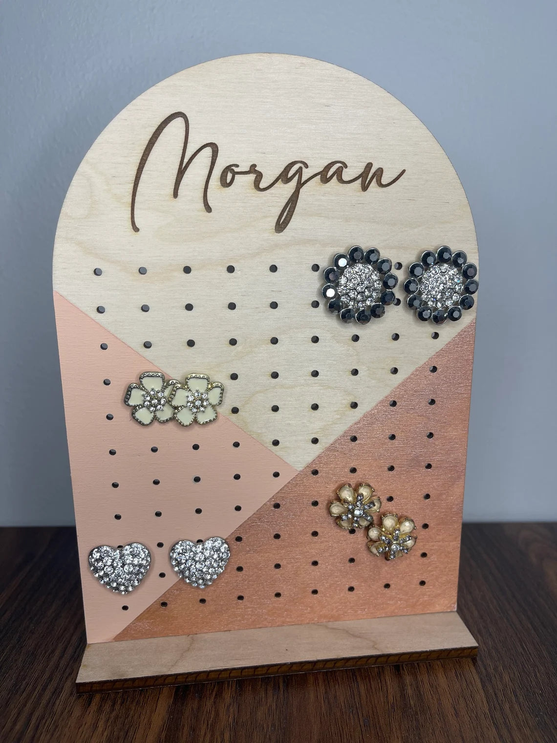 Engraved Wooden Arch Earring Stud Holder